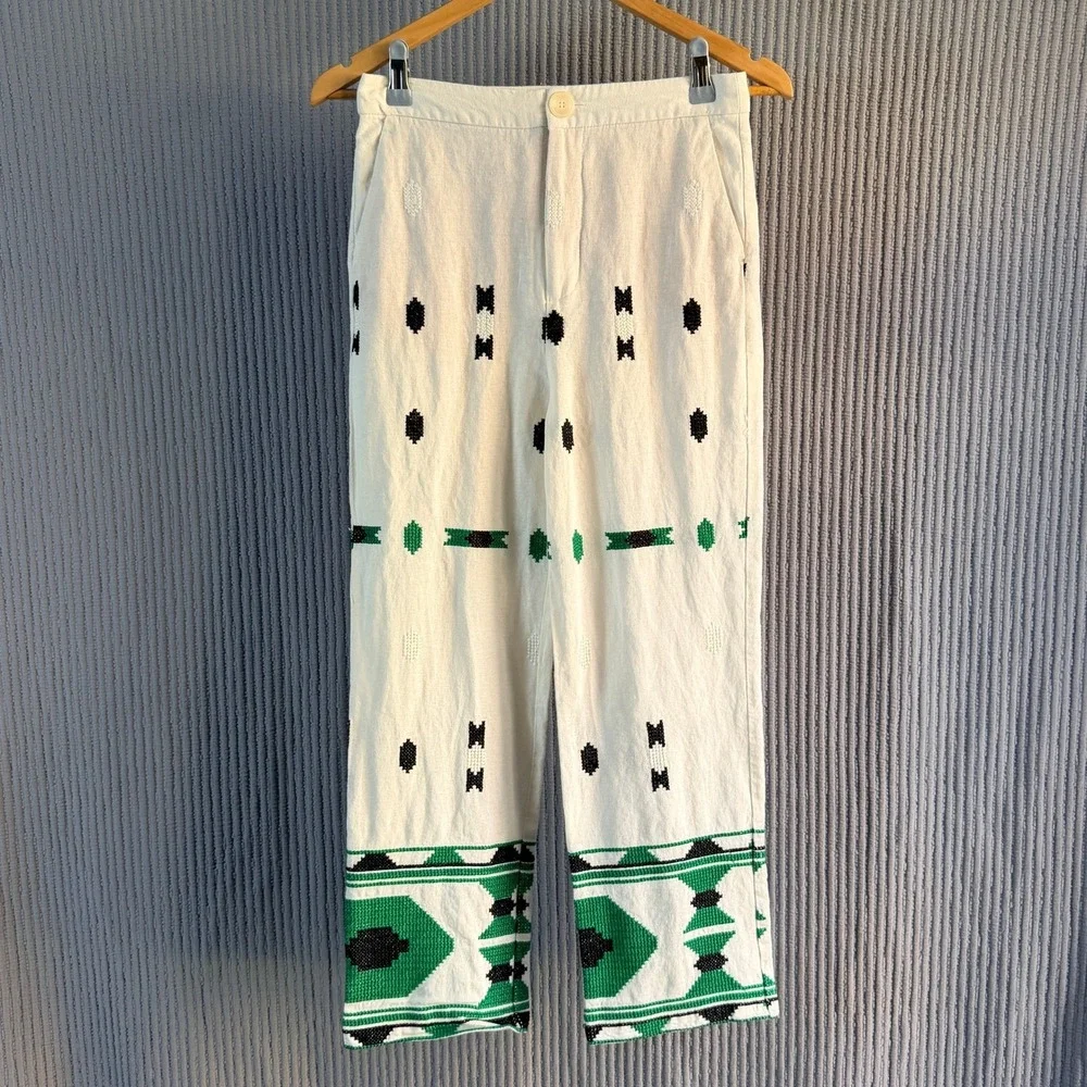 Zara Embroidered Linen Blend Pants Women Straight Leg Pants White Green XS‎